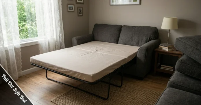Pull-out sofa bed fully extended in a small living room with a thin stock mattress showing fold creases