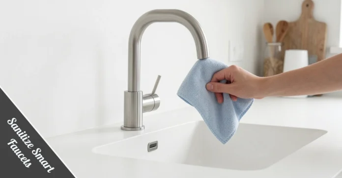Sanitize smart faucets using microfiber cloth on stainless steel touchless kitchen faucet