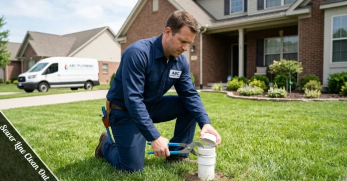 Plumber opening a sewer line clean out cap in a residential yard to access the main drain pipe