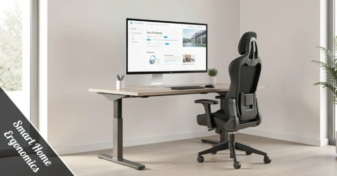 Smart Home Ergonomics setup showing ergonomic chair, adjustable desk, and smart lighting in a modern home office workspace.