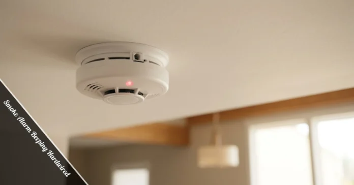 Hardwired smoke alarm beeping on a home ceiling with a red alert light