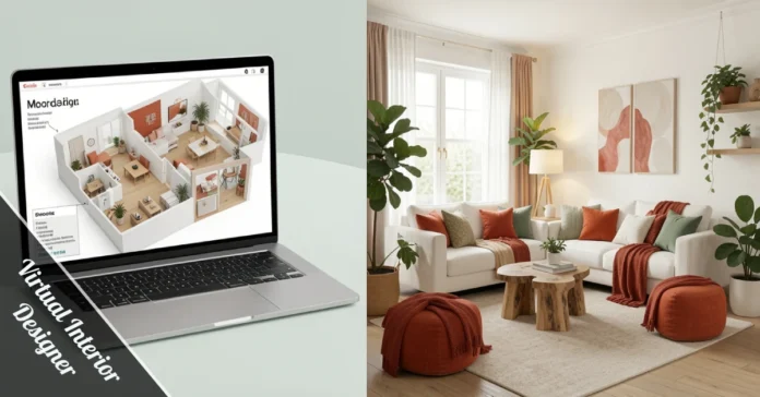 Virtual Interior Designer creating a 3D room plan with mood boards and furniture layout for a modern home office space.