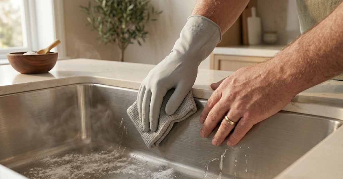 hands scrubbing stainless steel sink with soft sponge and baking soda following the grain