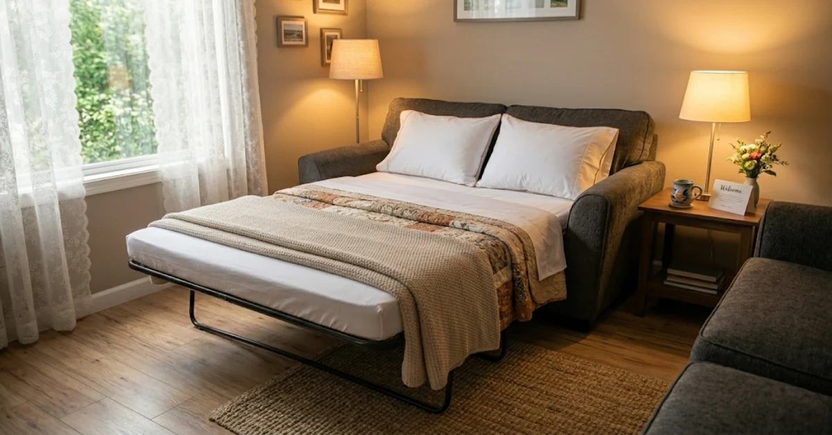 Neatly made pull-out sofa bed with white sheets, layered blankets, and bedroom pillows ready for a guest