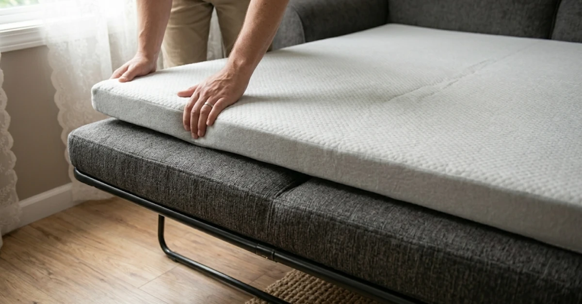 2-inch memory foam topper being placed onto a pull-out sofa bed mattress