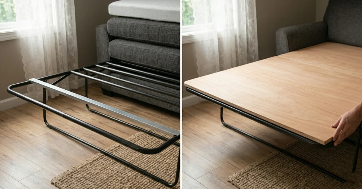 Horizontal metal support bar on a pull-out sofa bed frame alongside a plywood board used as a fix