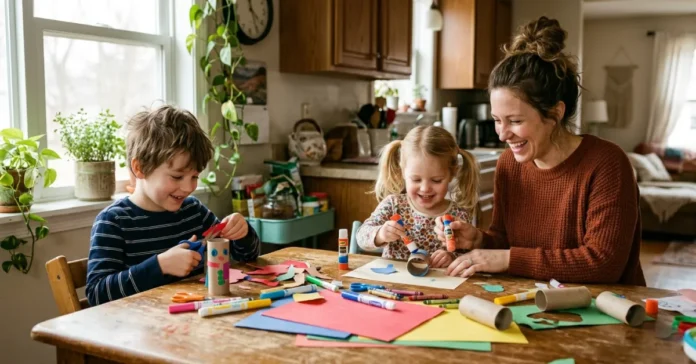 Mom and kids doing activities brought to you by LookWhatMomFound LWMFCrafts at a kitchen table with paper and craft supplies