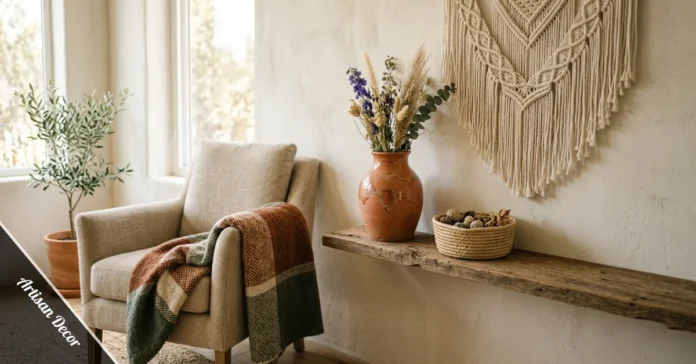 Artisan decor styled living room with hand-thrown ceramic vase, woven basket, and macrame wall hanging on a reclaimed wood shelf