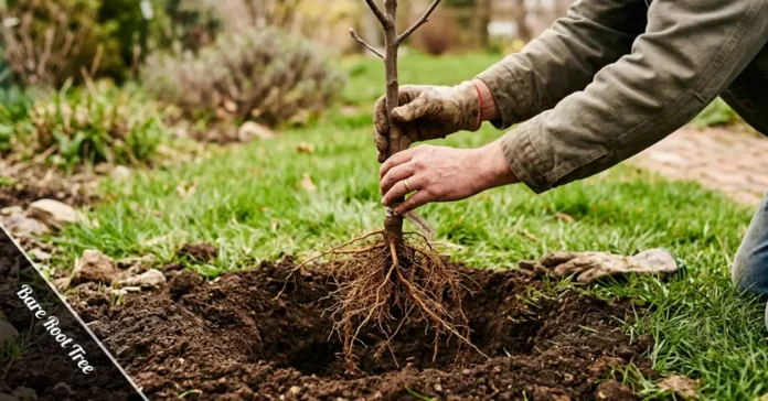 A bare root tree with exposed fibrous roots being planted in garden soil