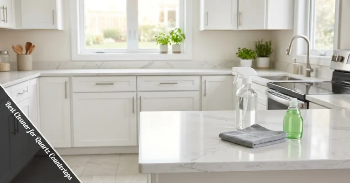Spray bottle, dish soap, and microfiber cloth on a quartz countertop showing the best cleaner for quartz countertops setup