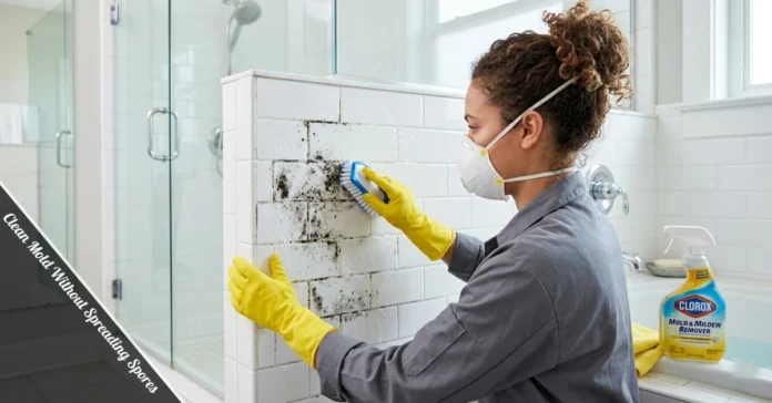 Person in gloves and mask cleaning mold off bathroom tiles without spreading spores