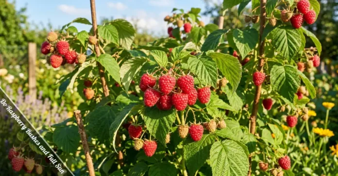 Raspberry bushes growing in full sun with ripe red berries in a home garden