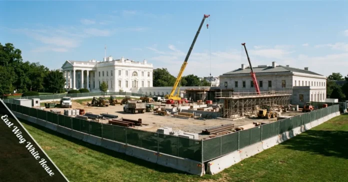 East Wing White House demolition site with construction cranes next to the main White House building