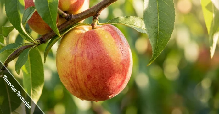 Ripe Flavortop nectarine with golden-yellow skin hanging from tree branch in summer sunlight
