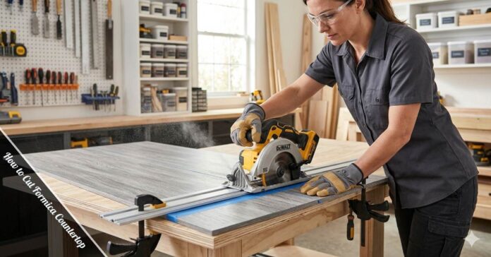 Person using circular saw with carbide blade to cut Formica countertop on wooden work surface