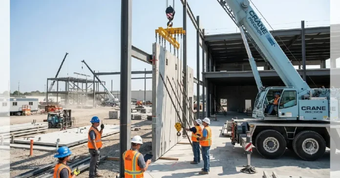 Specialised construction equipment and hydraulic crane positioning precast concrete on professional contractor building site