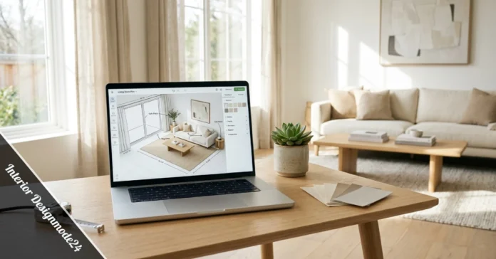 Interior Designmode24 AI home design tool showing room layout on a laptop screen