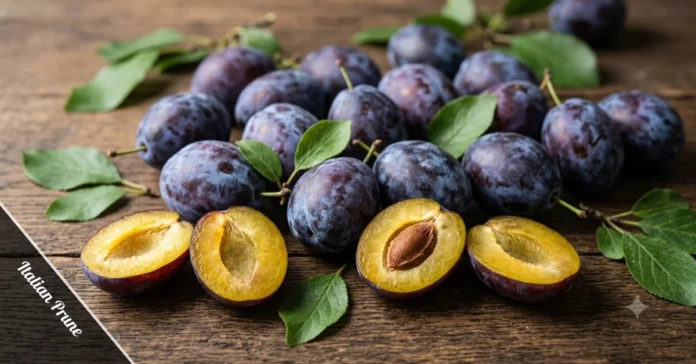 Ripe Italian prune plums with deep purple skin and golden flesh on a wooden surface