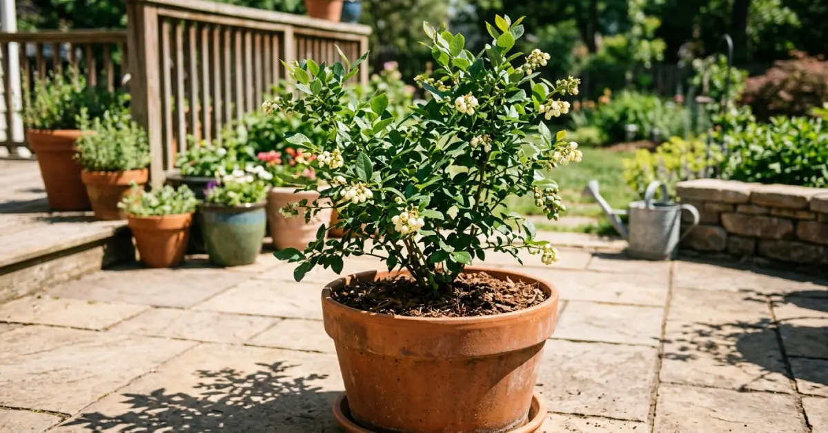 Biloxi blueberry growing in large container on patio with healthy foliage and fruit