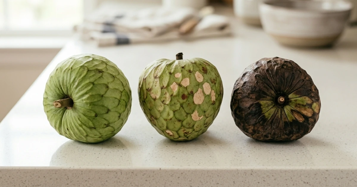 Three cherimoyas showing different stages of ripeness from firm green to overripe