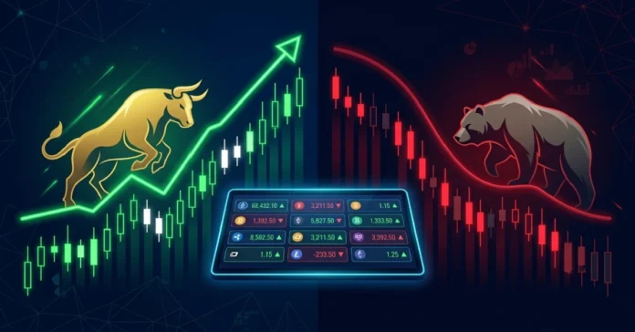 Bull and bear cryptocurrency market cycles with live price chart on screen