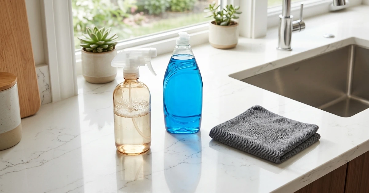 Spray bottle with dish soap and water next to a microfiber cloth for cleaning quartz countertops