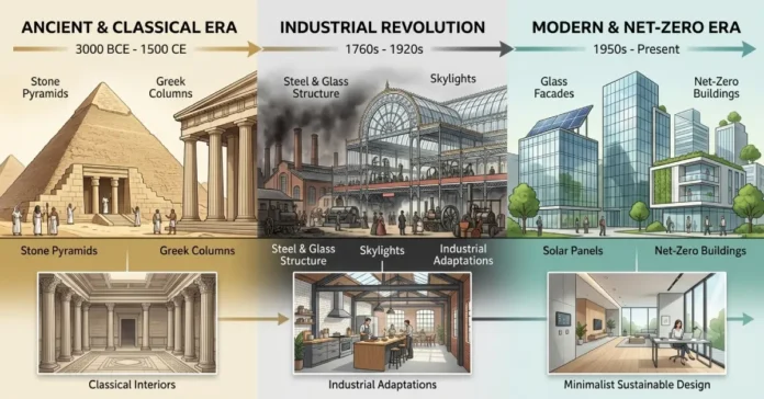 Timeline showing how architecture has changed over time from ancient stone pyramids and Greek columns to modern glass steel and net-zero buildings with solar panels