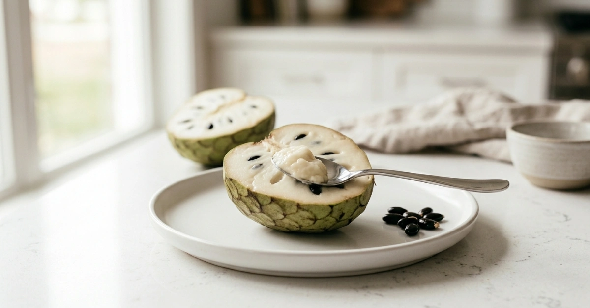 Halved cherimoya on a plate with a spoon scooping out the white flesh