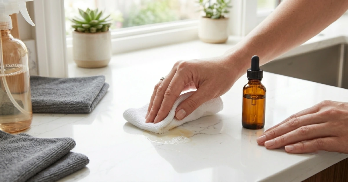 Hands using a microfiber cloth to remove a stain from a polished quartz countertop