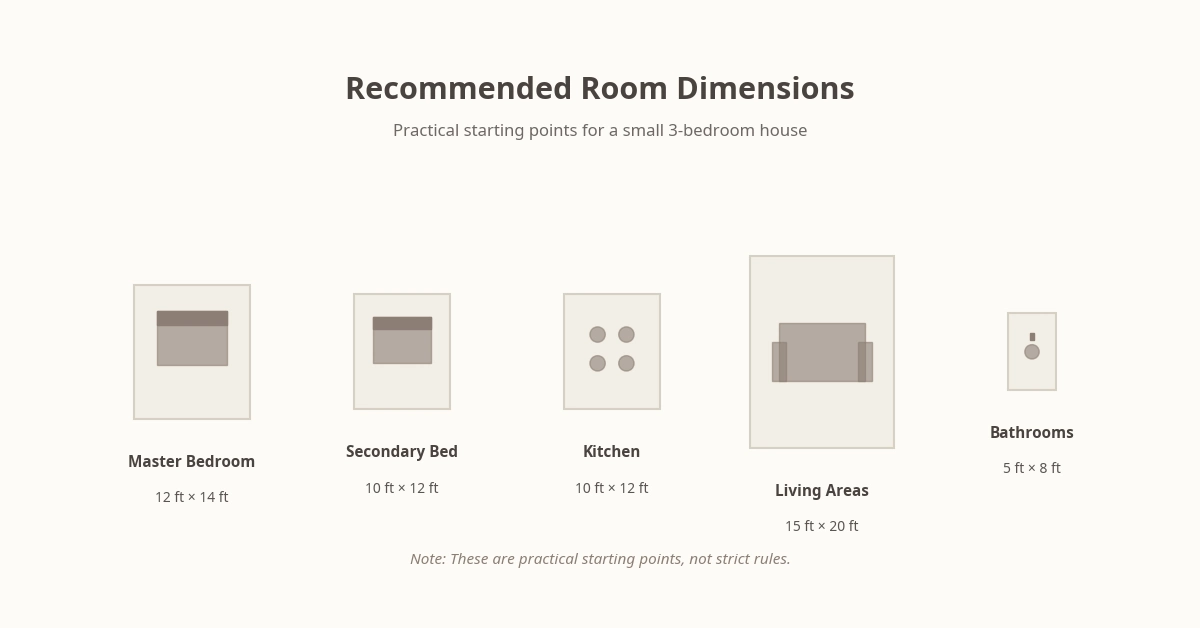 Recommended room dimensions for small 3-bedroom houses: master bedroom 12×14 ft, secondary bedrooms 10×12 ft, kitchen 10×12 ft, living areas 15×20 ft, full bathrooms 5×8 ft
