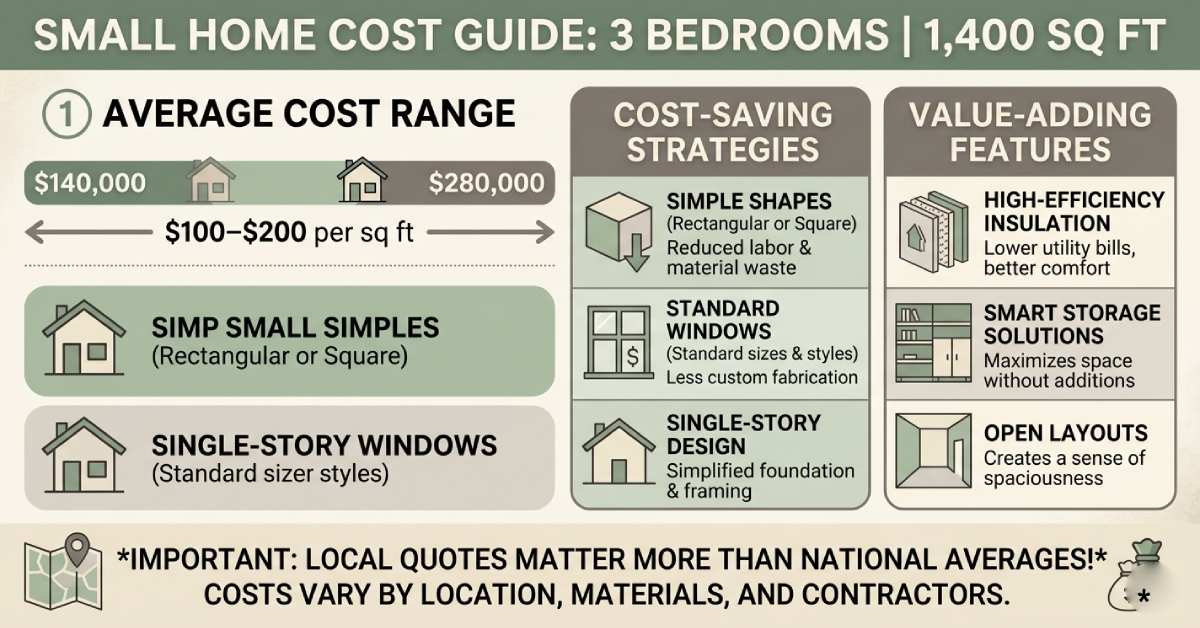 Construction cost breakdown for small 3-bedroom homes showing average per-square-foot pricing, cost-saving strategies, and value-adding features