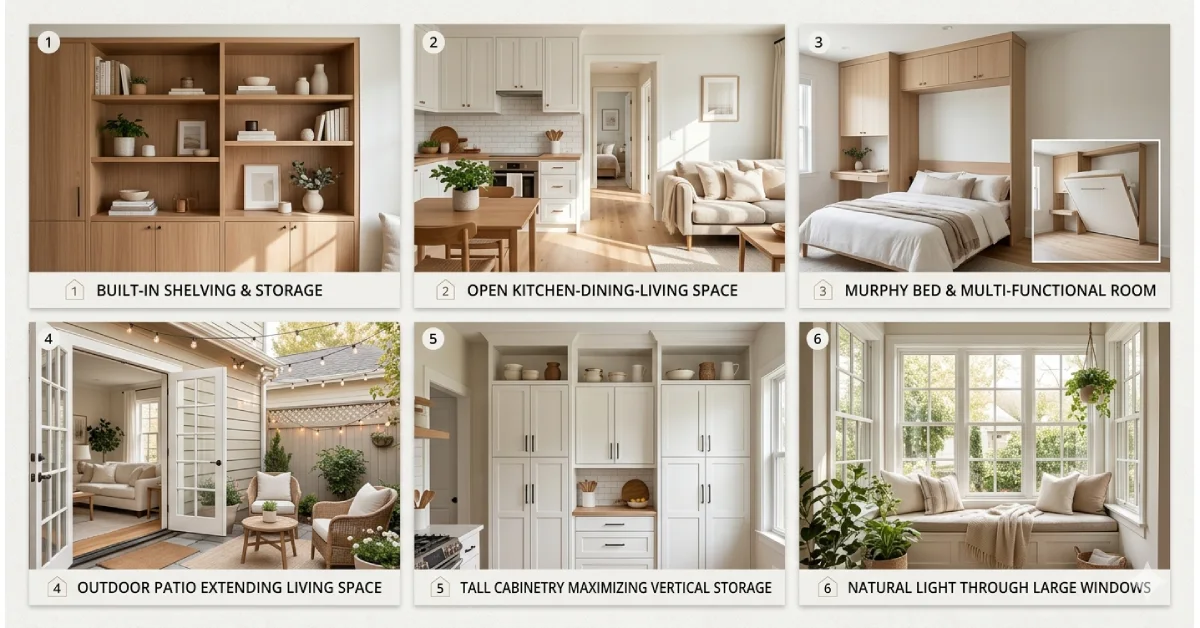 Six design features for small homes: built-in storage, open-concept living, multi-functional bedrooms, outdoor spaces, vertical storage solutions, and natural light