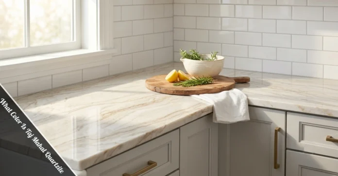 Taj Mahal quartzite countertop showing soft ivory cream color with warm taupe and gold veining in a modern farmhouse kitchen with white cabinets