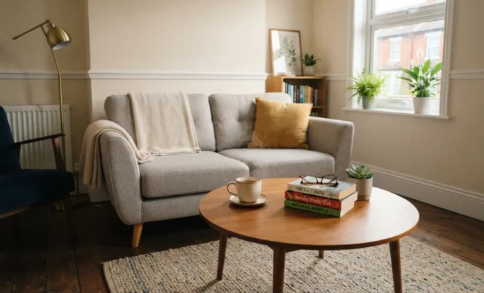 Small wooden coffee table styled in a compact British living room