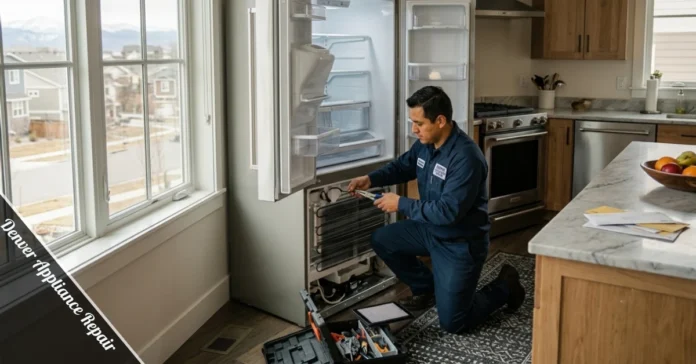 Denver appliance repair service technician fixing a refrigerator in a home kitchen