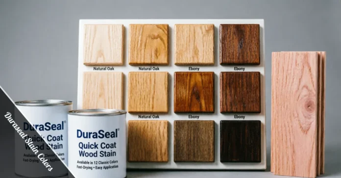 Duraseal Stain Colors chart showing wood stain sample swatches on natural oak hardwood flooring boards.