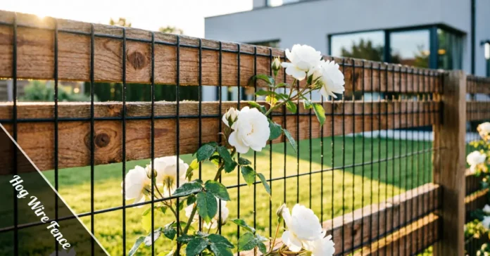Modern cedar hog wire fence with black steel mesh and climbing white roses in a sunlit backyard.