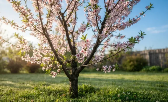 Peach tree in bloom showing how fast do peach trees grow each year