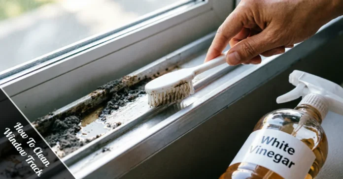 How to clean window track grooves using a toothbrush and vinegar spray to remove dirt, dust, and built-up grime.