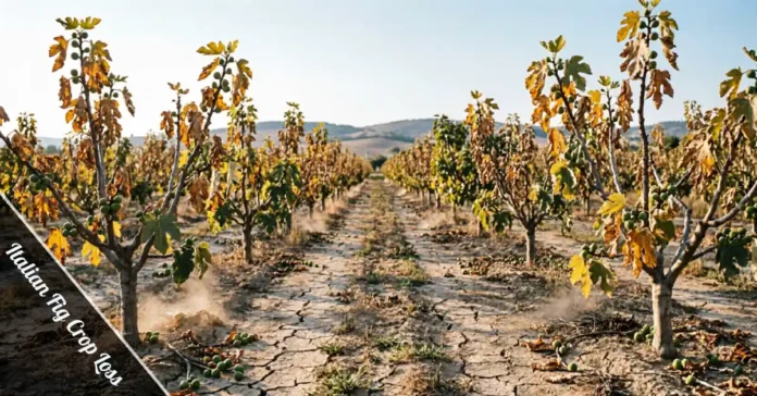Italian fig crop loss shown in wilting fig trees on a southern Italy orchard row