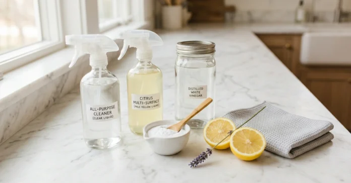 Natural household cleaning solutions in glass bottles with vinegar and baking soda