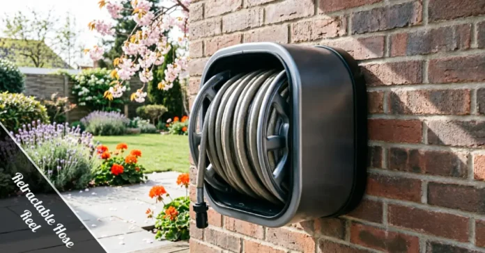 Wall-mounted retractable hose reel with hose stored neatly in a backyard patio setting
