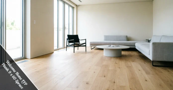 Welcome Home LVP Plank 9 x 60 Spruce waterproof vinyl flooring installed in a modern living room