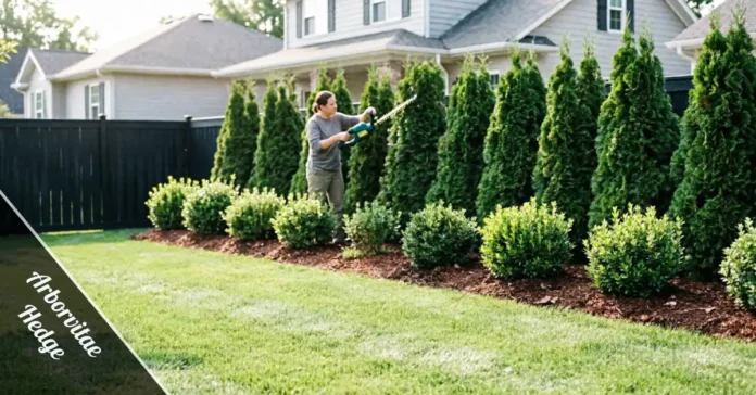 Arborvitae hedge planted along a backyard fence line for year-round privacy screening.