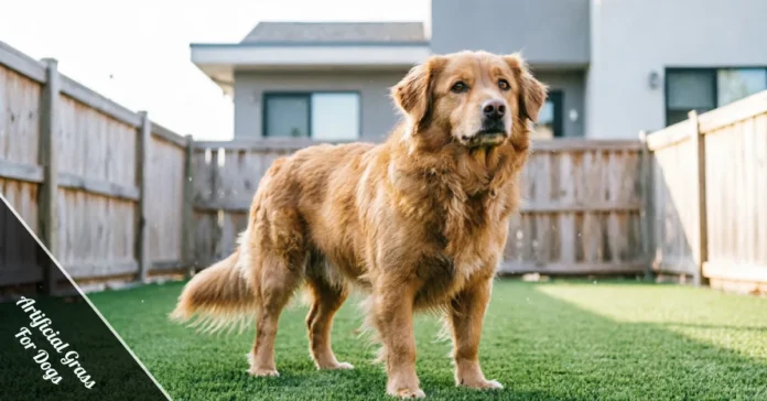 Dog standing on artificial grass for dogs in a sunny yard