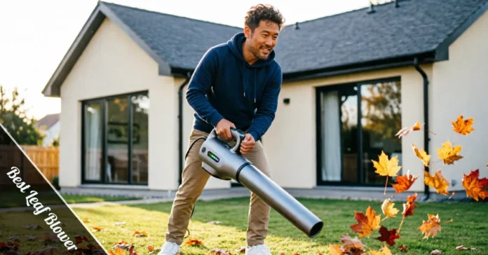 Man using the best leaf blower to clear autumn leaves in a backyard