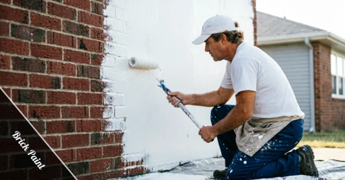 Freshly applied brick paint on an exterior brick wall