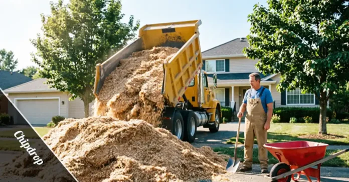 Dump truck delivering a ChipDrop wood chip pile onto a homeowner's driveway