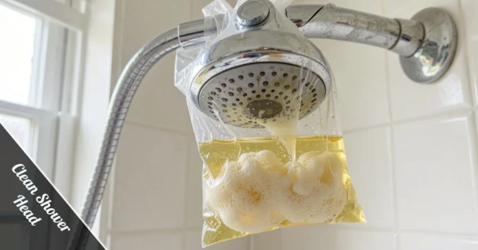 Clean shower head soaking in a vinegar bag to remove limescale buildup