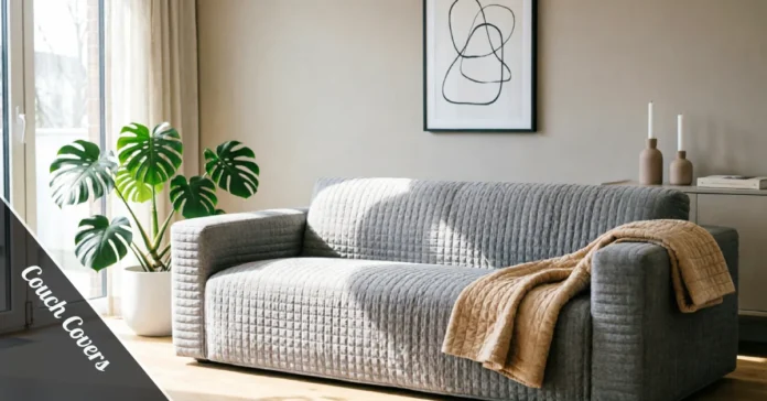 Grey couch cover fitted neatly on a modern sofa in a bright living room